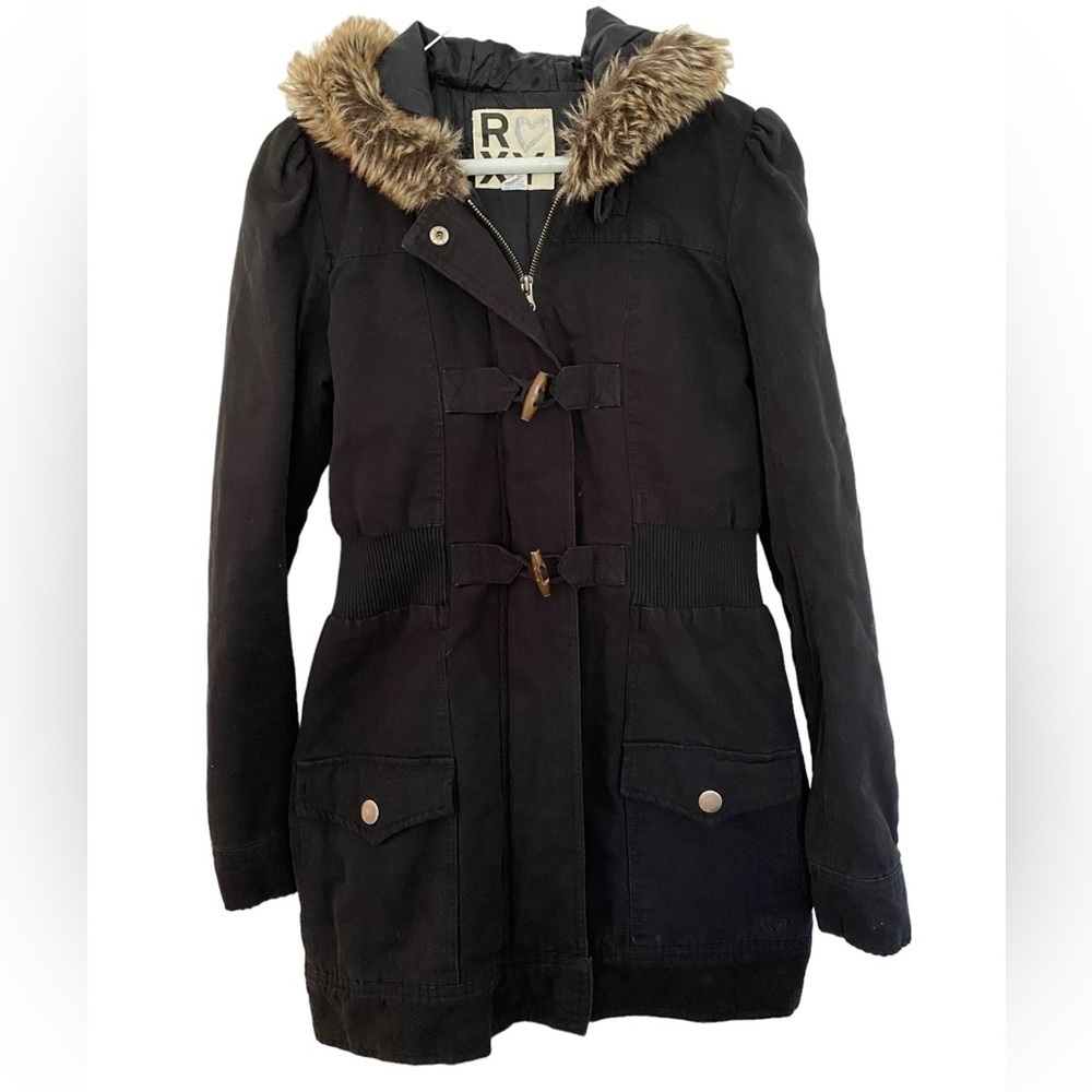 Roxy Faux Fur Lapel Utility Jacket Distressed Women SP Small Petite